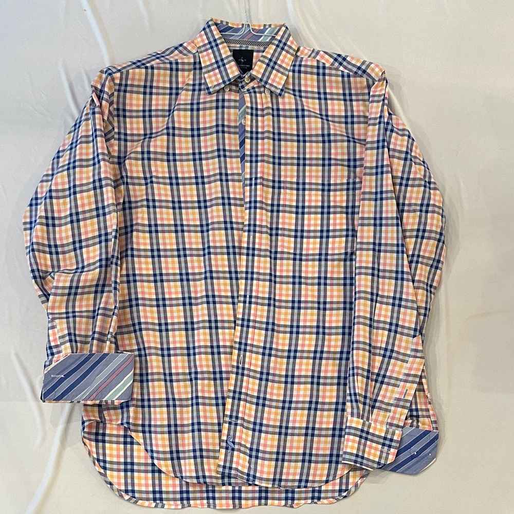 Tailorbyrd Blue and Orange Plaid Dress Shirt